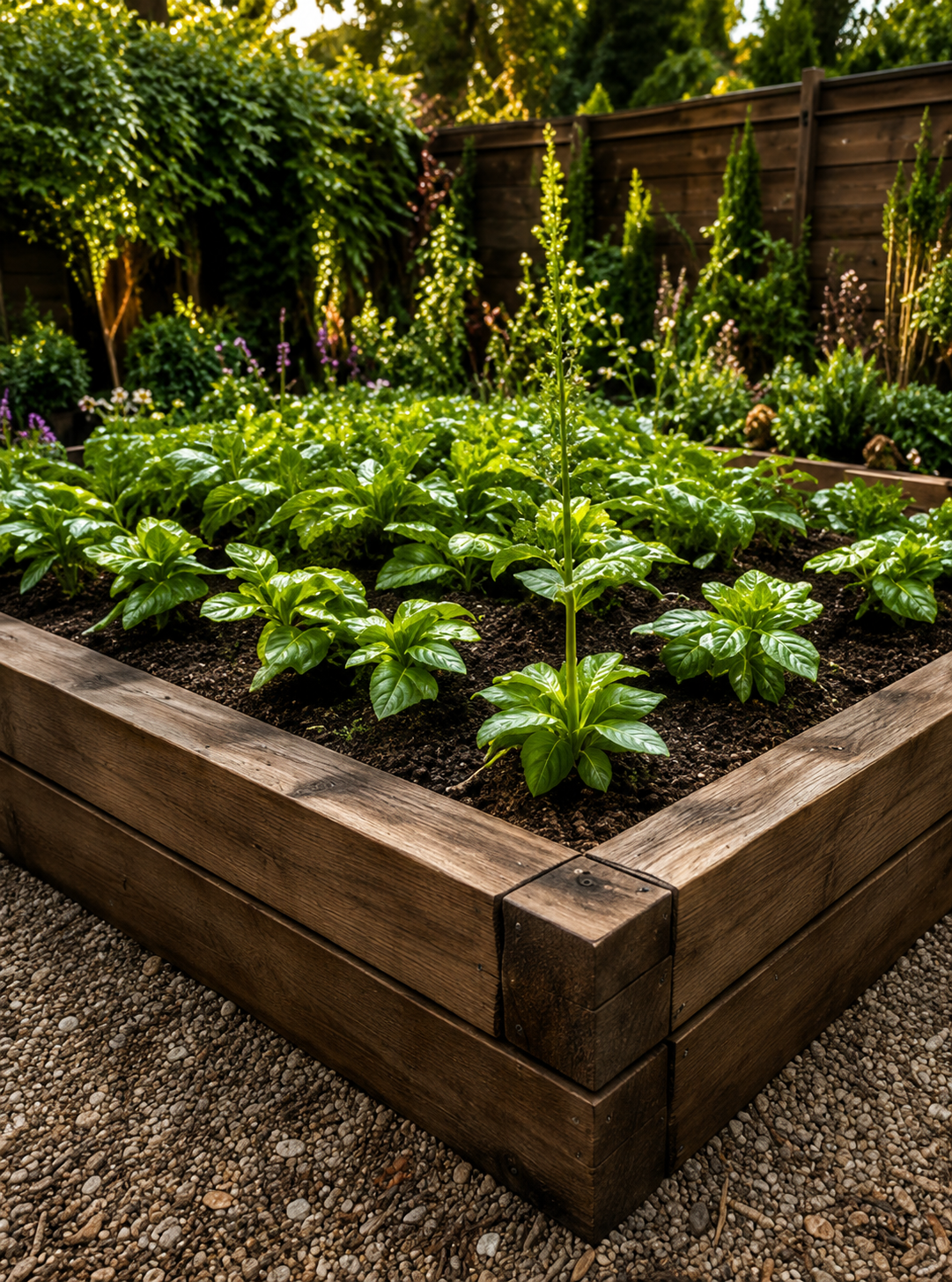 Raised wooden garden bed with leafy green plants and dark soil in a backyard