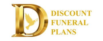 Golden "D" logo with dove, text: Discount Funeral Plans.