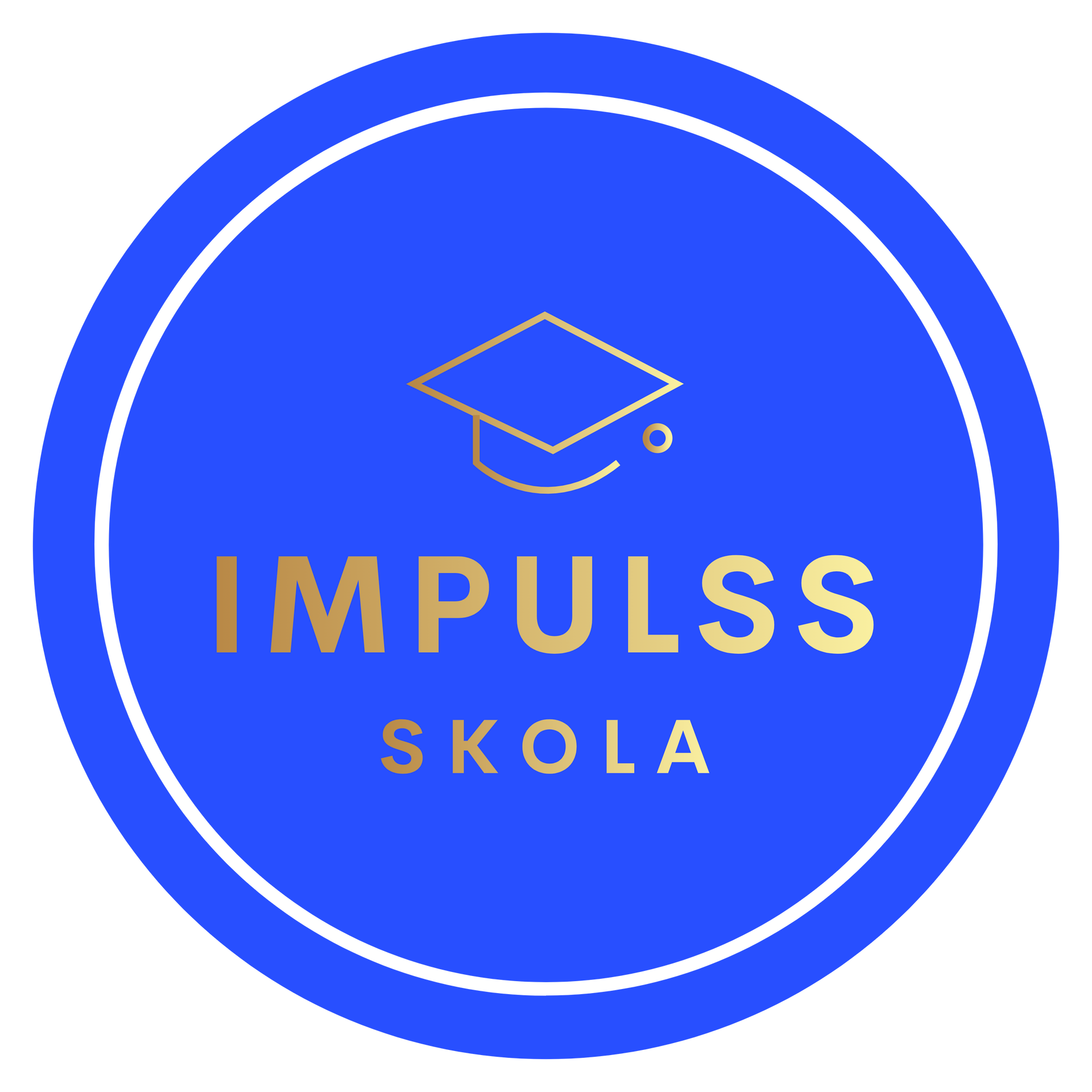 Logo for Impulss Skola: a gold graduation cap icon over the gold text 