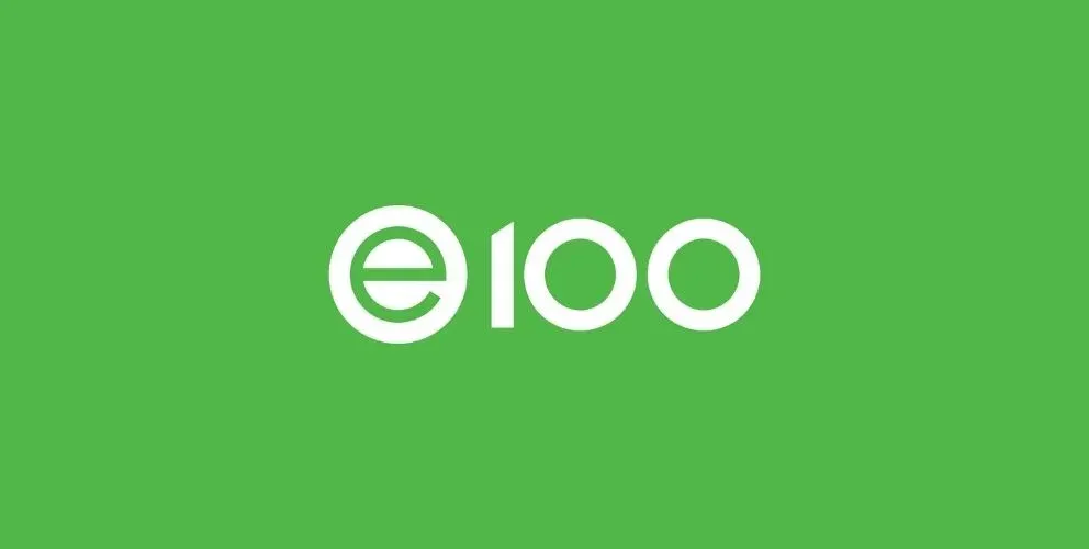 A white logo consisting of the letter