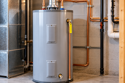 Gray water heater in a utility room with copper pipes and ductwork.