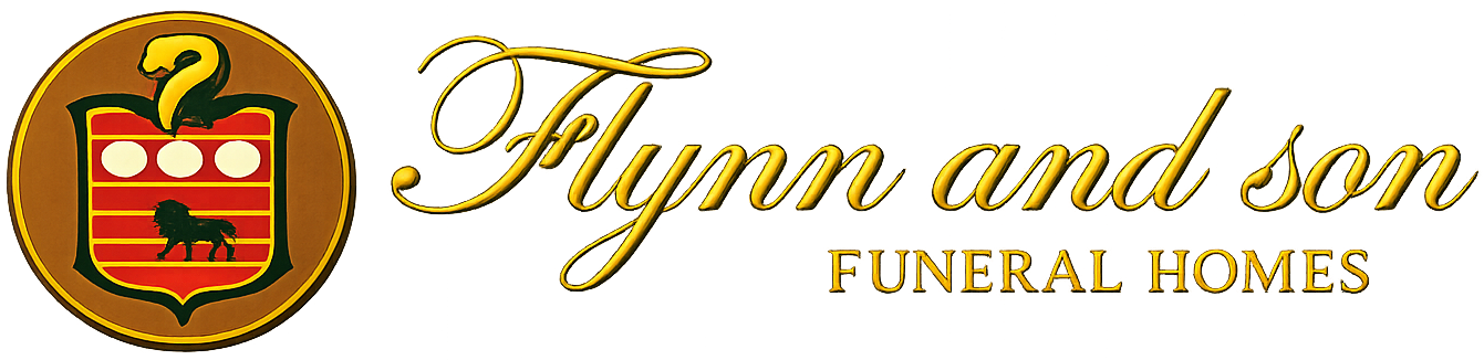Logo for Flynn and Son Funeral Homes. The logo is gold with a crest and name in script.