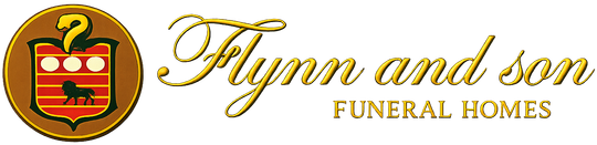 Logo for Flynn and Son Funeral Homes. The logo is gold with a crest and name in script.