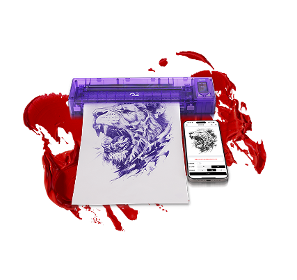 A purple printer is printing a picture of a lion on a piece of paper.