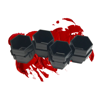 A bunch of black containers sitting on top of each other on a white background.