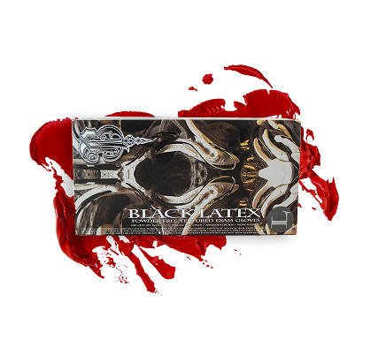 A box of black latex gloves with a skull on it.