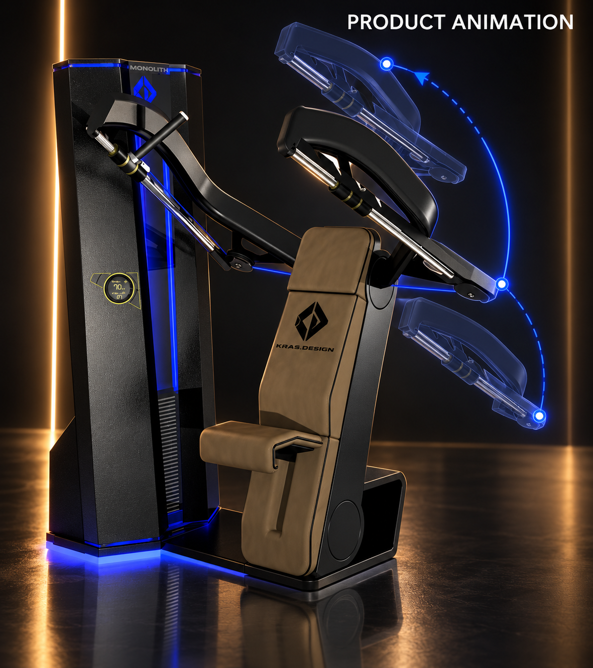Futuristic workout machine with black and blue lights, tan seat, and exercise handles on a white background