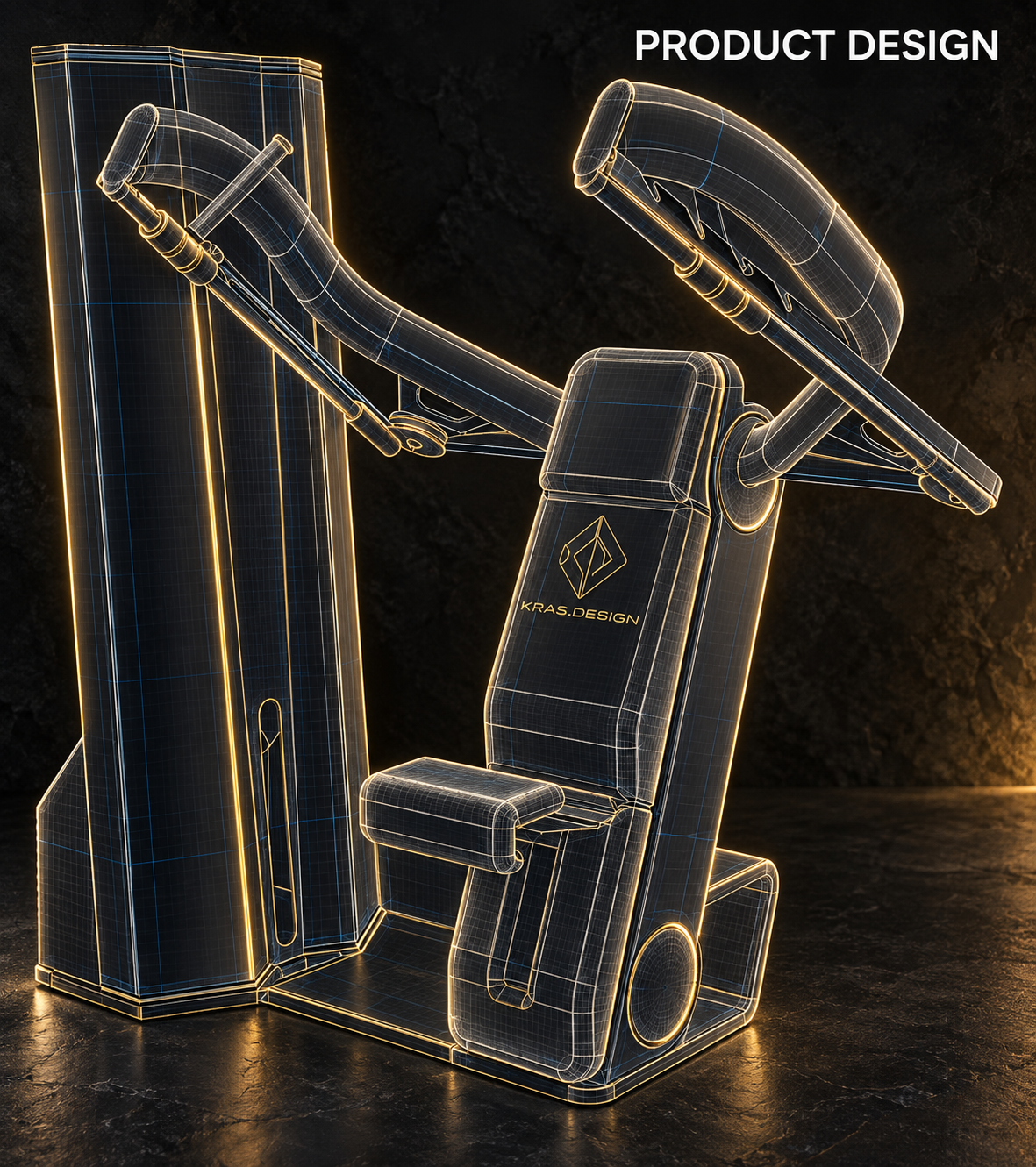Line drawing of a product design for a fitness machine with a seated console and overhead canopy.