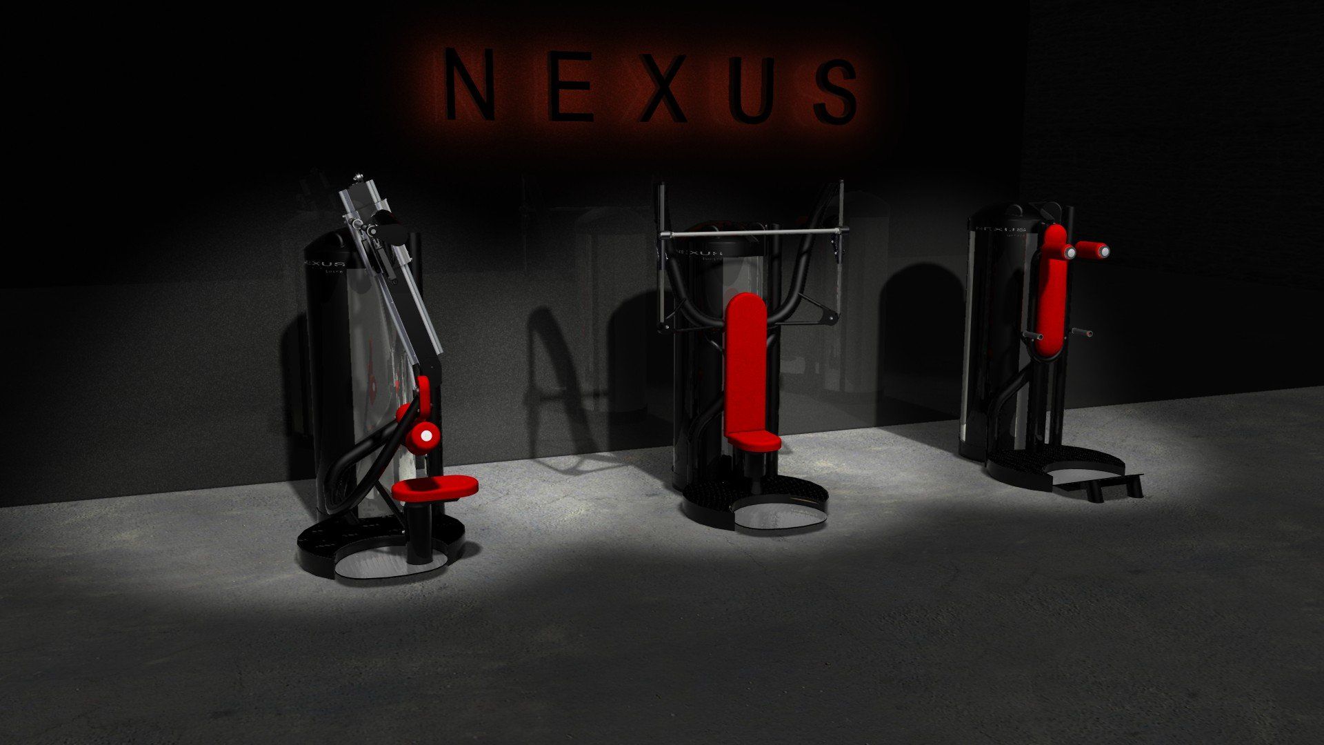 Dark showroom with three red-and-black exercise machines under a spotlight, “NEXUS” faintly visible on the wall