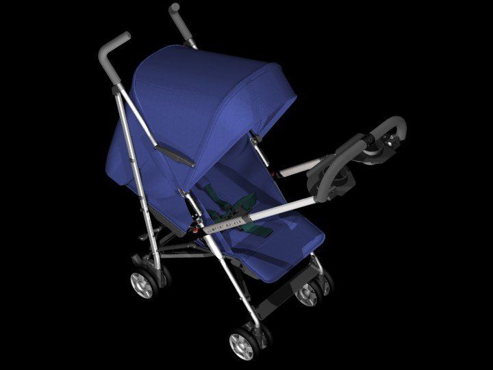 Blue stroller with canopy and four wheels, angled on a black background