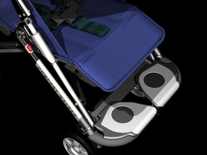 Blue stroller seat with silver frame and two cup holders, viewed from above