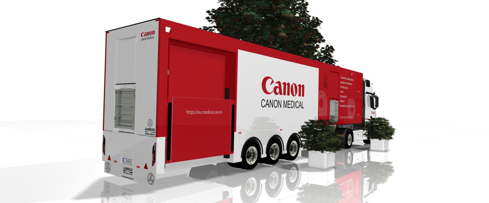Red and white mobile event trailer with open side panels and CANNA branding on a white background