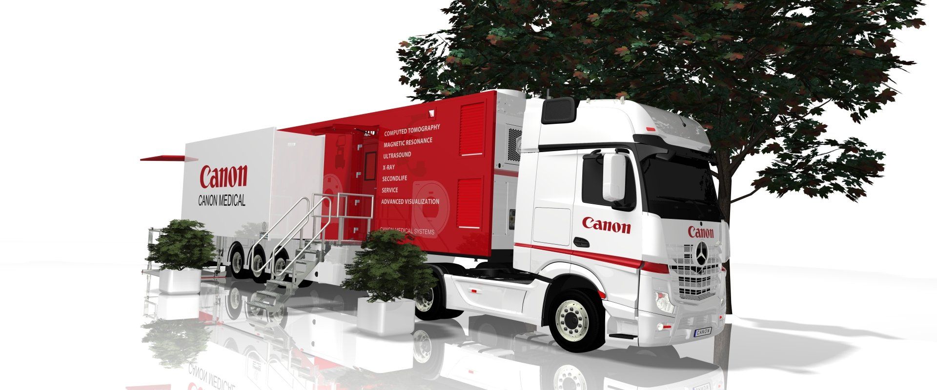 Red and white Canaam semi-truck with trailer on a white background, surrounded by trees and a small car with plants.