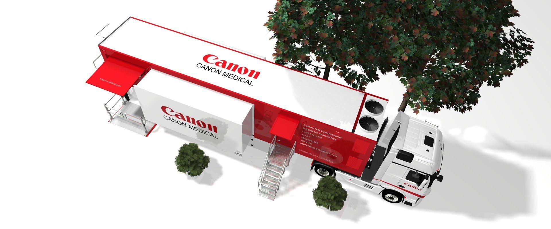 Red and white Canon delivery truck in a top-down view driving near trees and a building