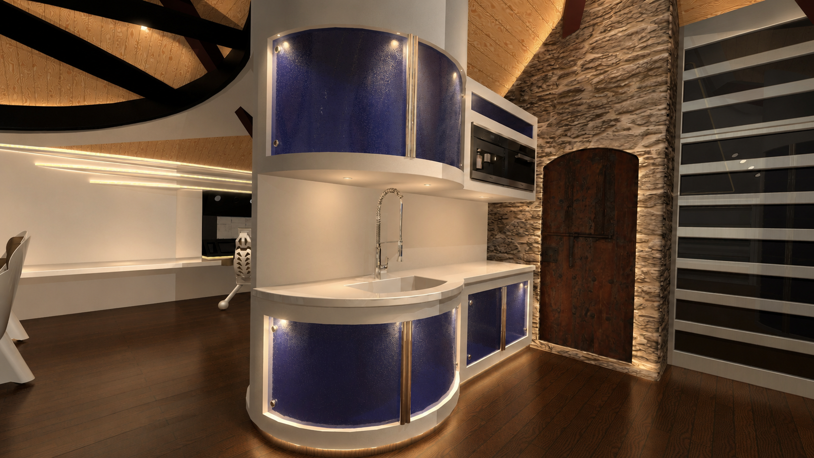 Modern kitchen with blue cabinets, curved island, stone wall, and dark wood door