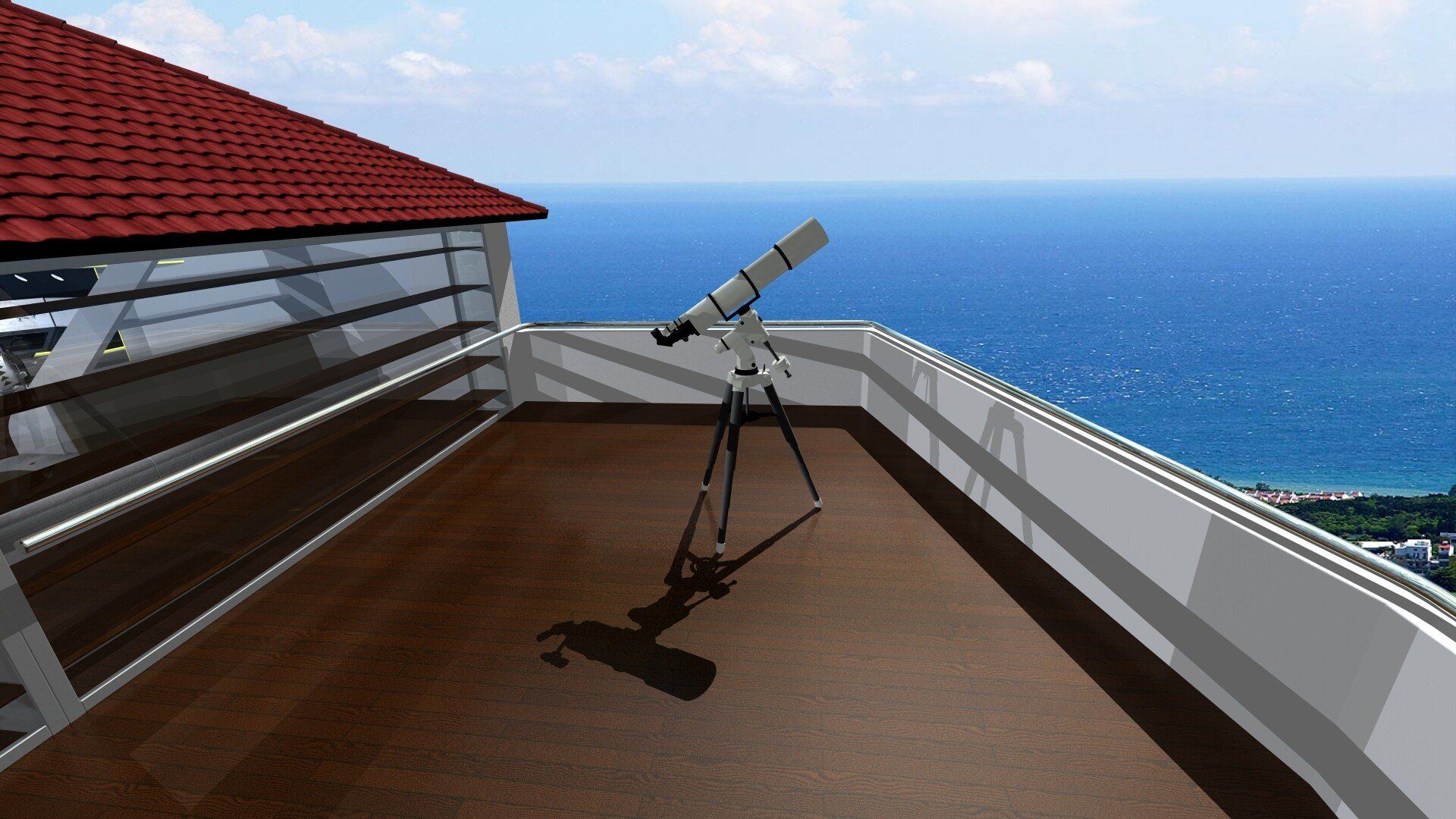 Telescope on a rooftop terrace overlooking the blue ocean under a clear sky