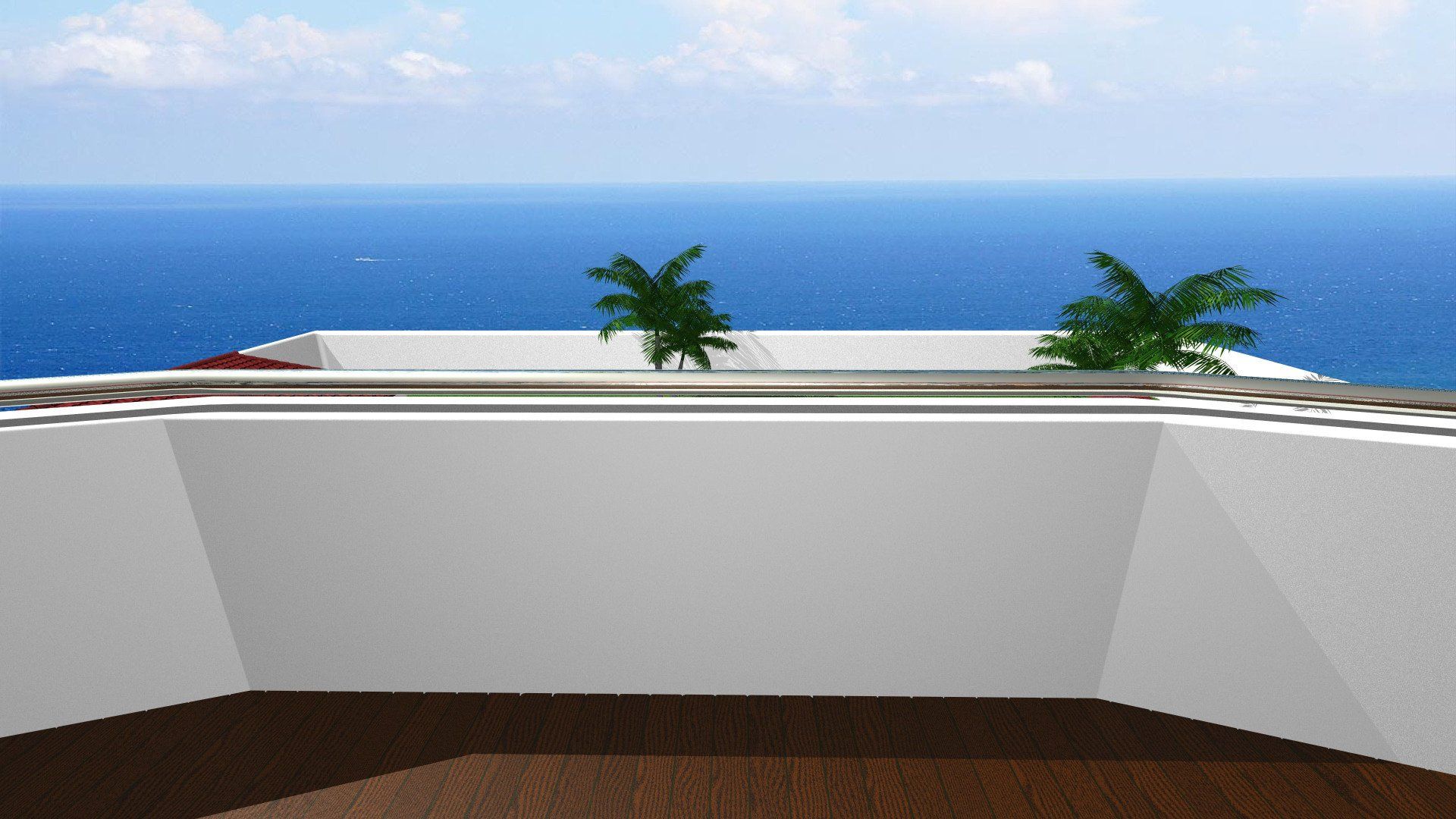 White terrace overlooking a blue ocean with palm trees and a clear sky