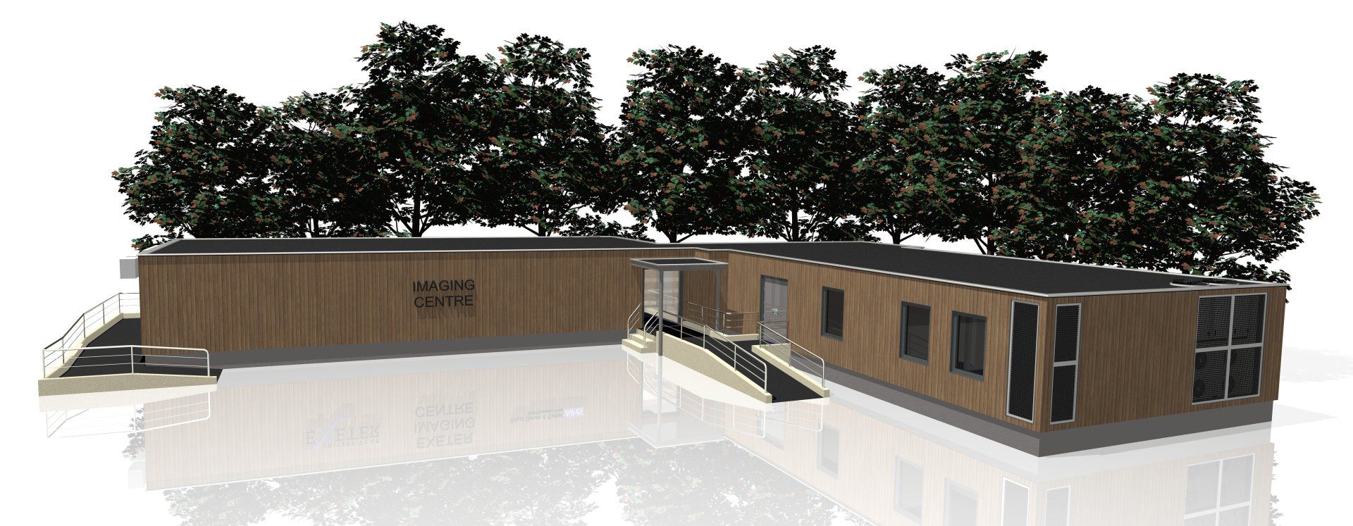 Render of a small modern brown-and-black modular building complex with trees behind it
