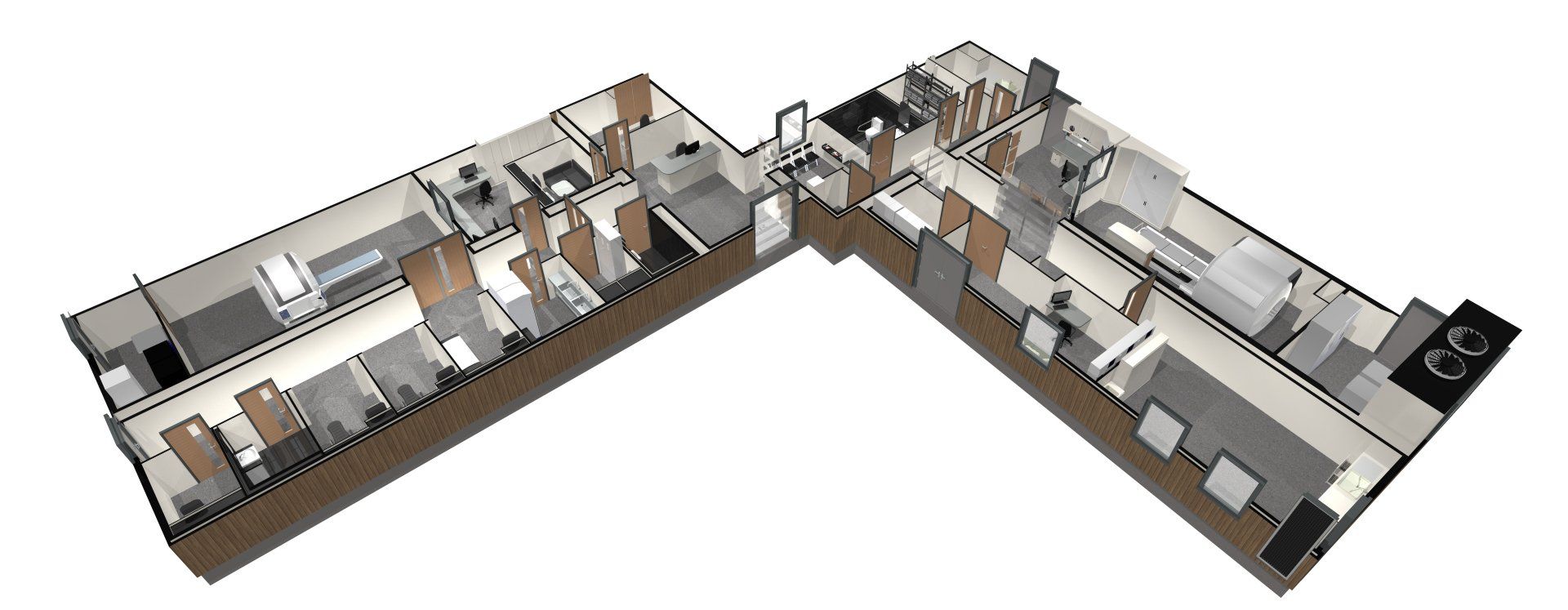 3D floor plan of an office interior with rows of desks, meeting areas, and hallways in gray and brown tones