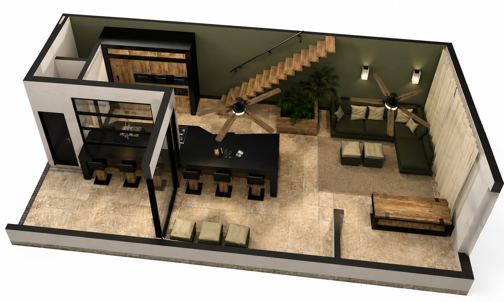 3D cutaway of a small modern room with furniture, plants, and a seating area