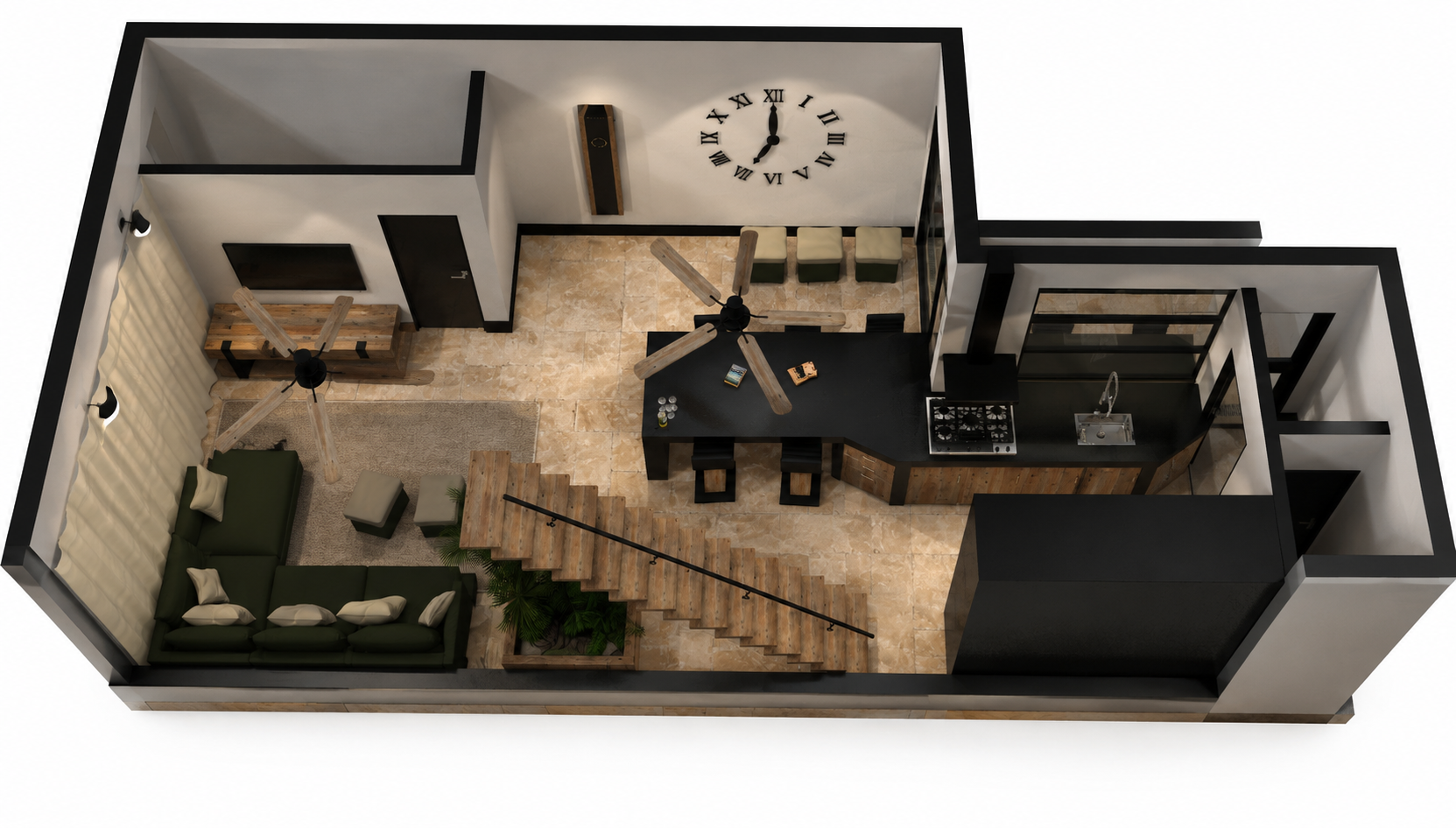 3D floor plan of a modern apartment with multiple rooms, stairs, and furniture in beige and dark tones