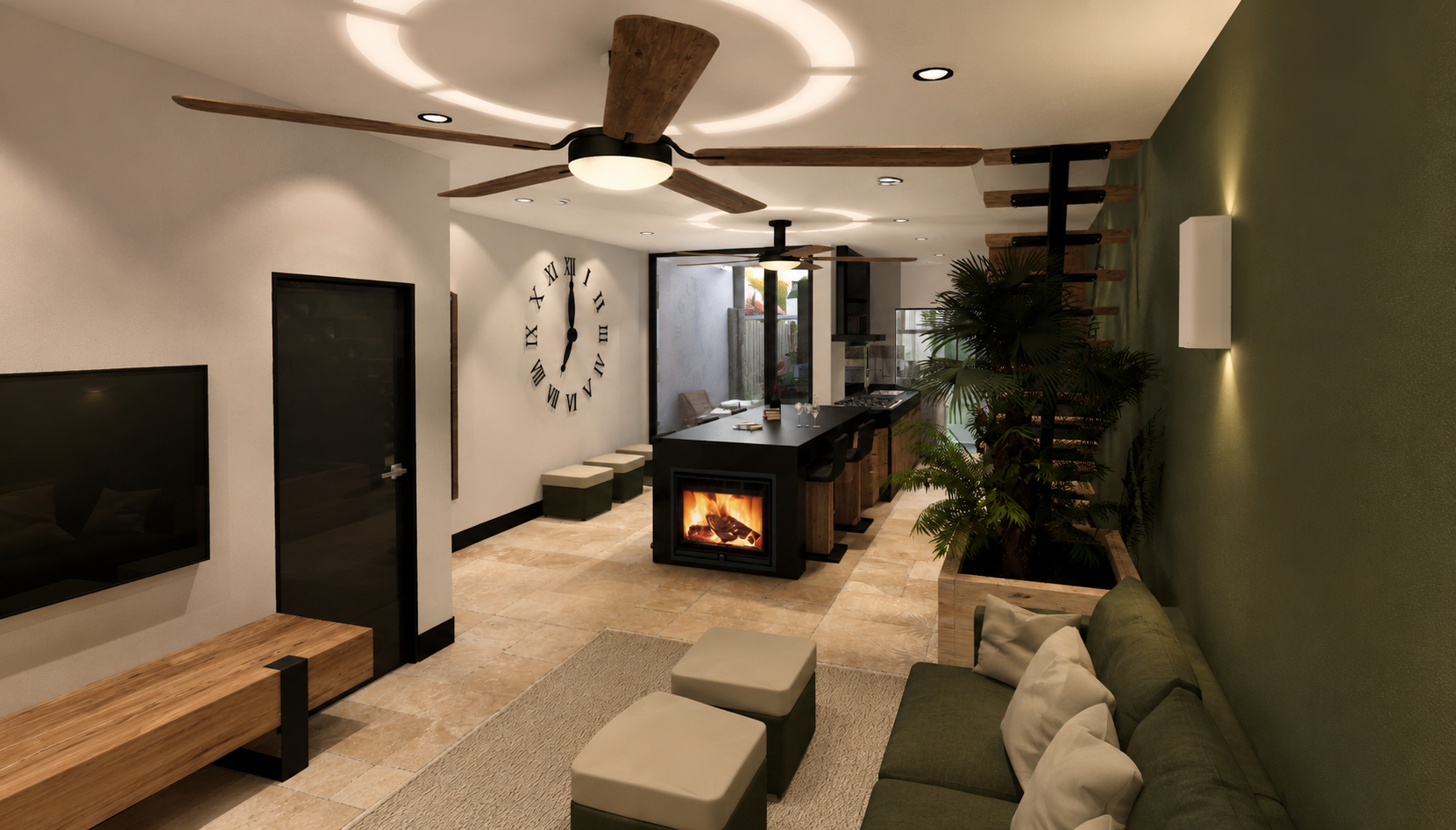 Modern living room with green accent wall, ceiling fan, wall-mounted TV, sofa, coffee table, and indoor plants