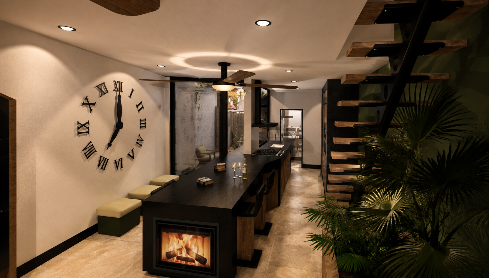 Modern living room and kitchen with wall clock, dining table, and staircase to loft
