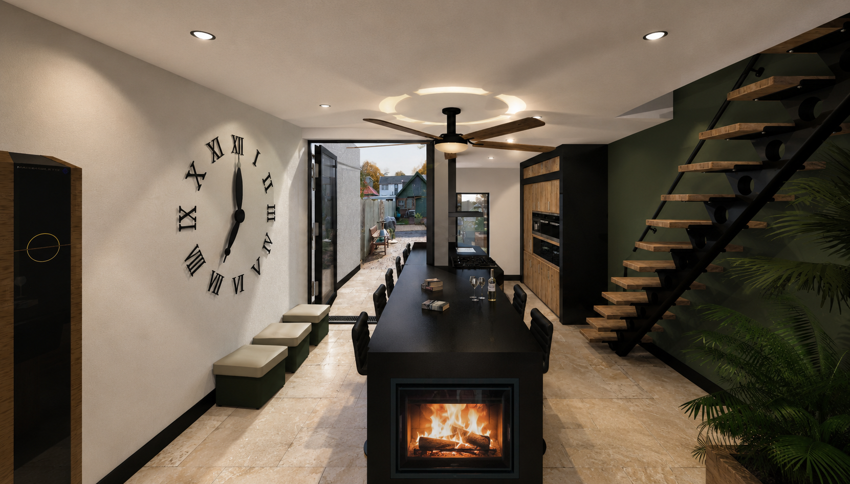 Modern living room with large wall clock, black sofa, staircase, and hallway view