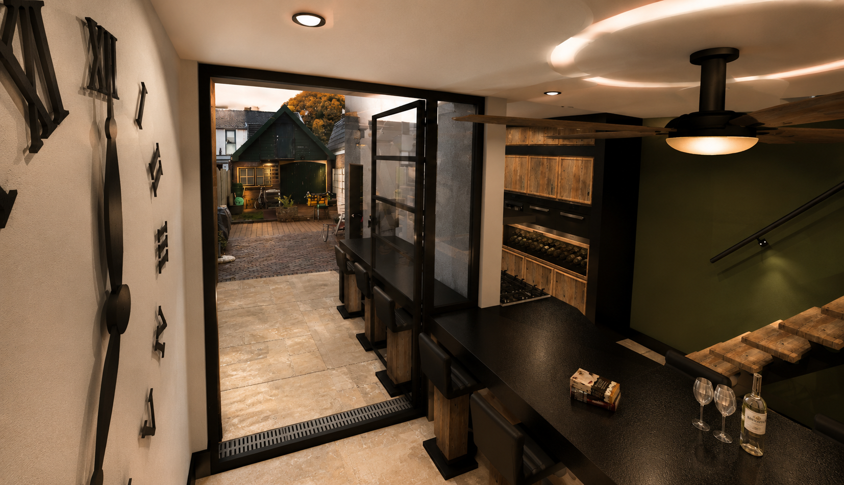 Modern living room with black staircase, wall clock, fireplace, and seating area