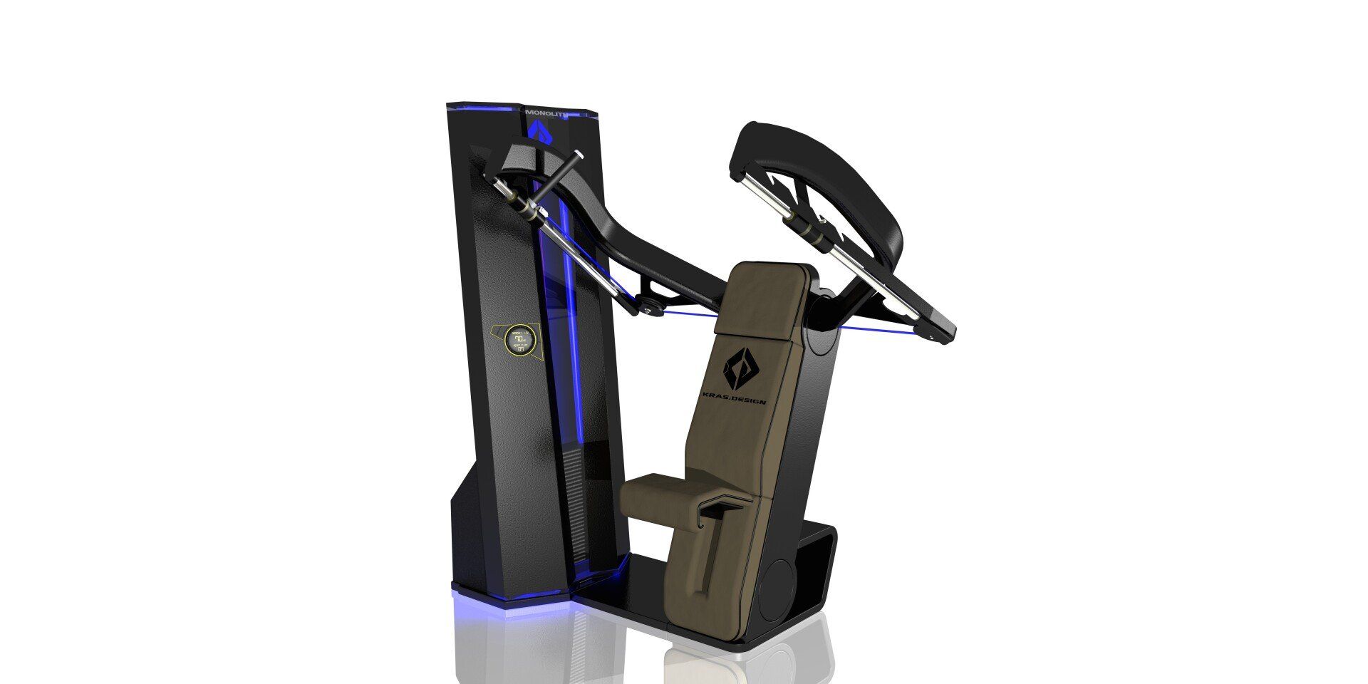 Compact black and beige exercise machine with blue accent lighting and a digital display