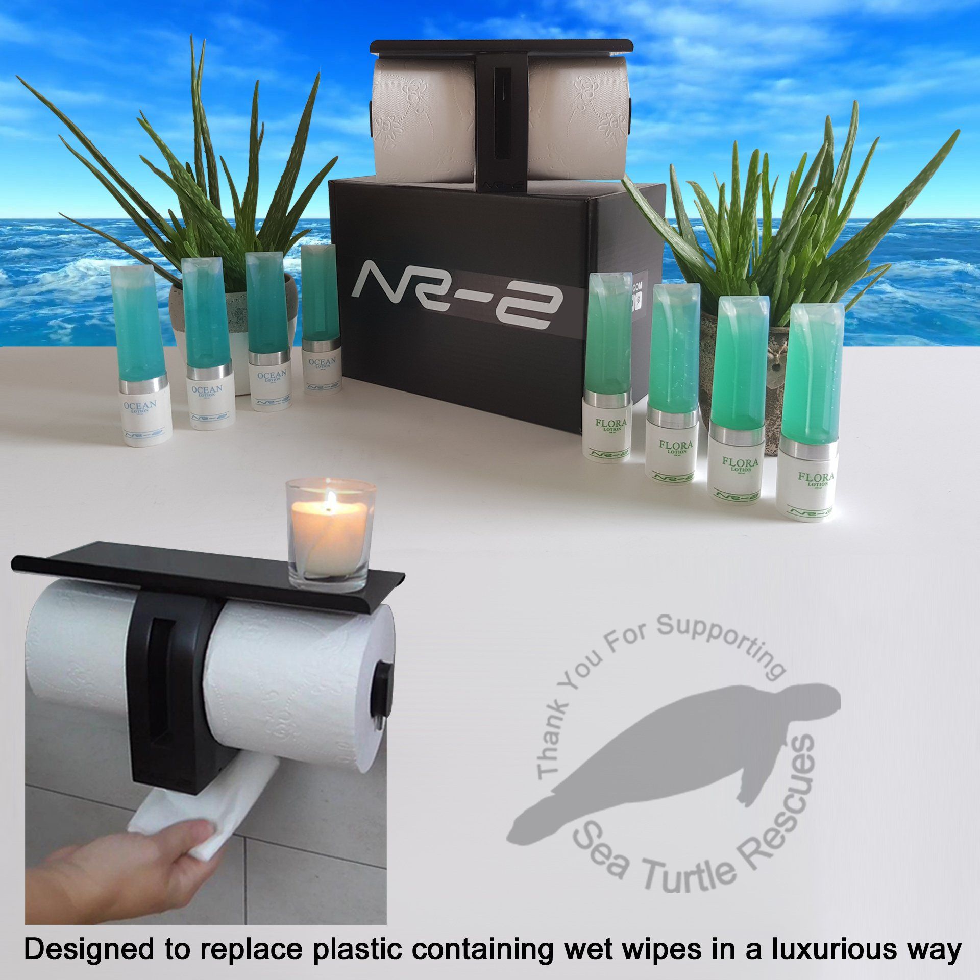 Luxury toilet paper dispenser with candle, sea-themed bottles, and “Save Turtles” message on a beach backdrop