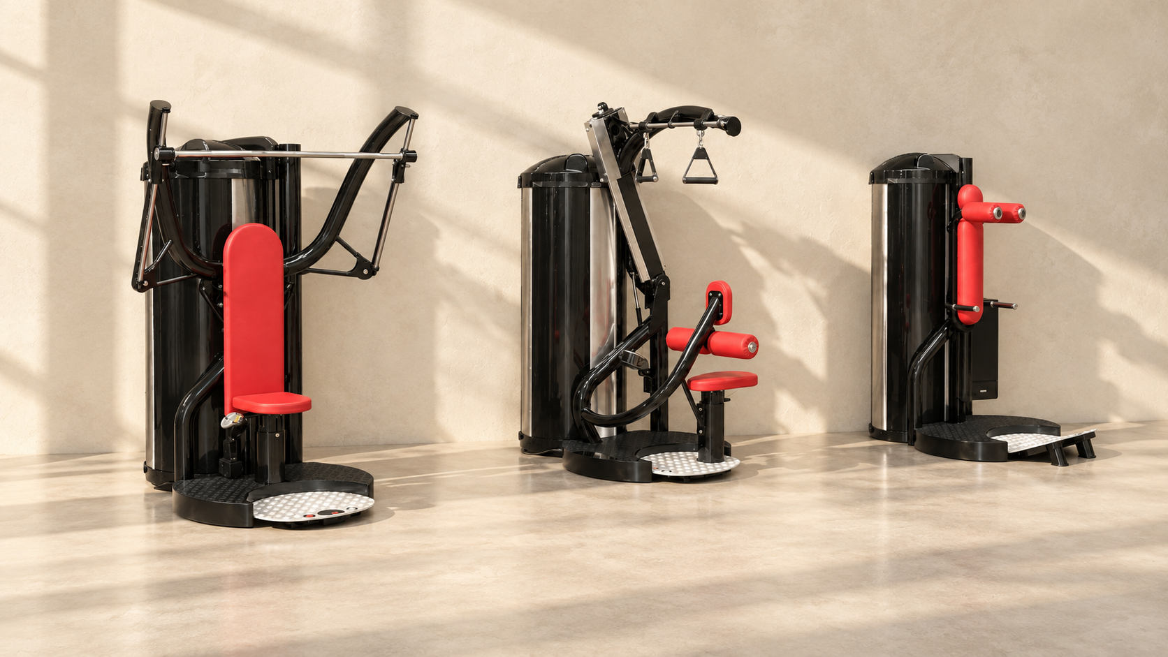 Three black-and-red workout machines under spotlights in a dark gym, with “NEXUS” on the wall.