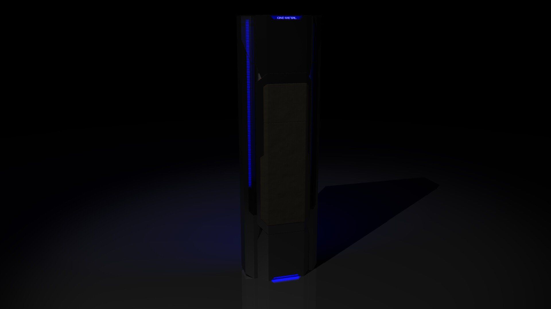 Tall dark rectangular device with blue accent lights on a black background