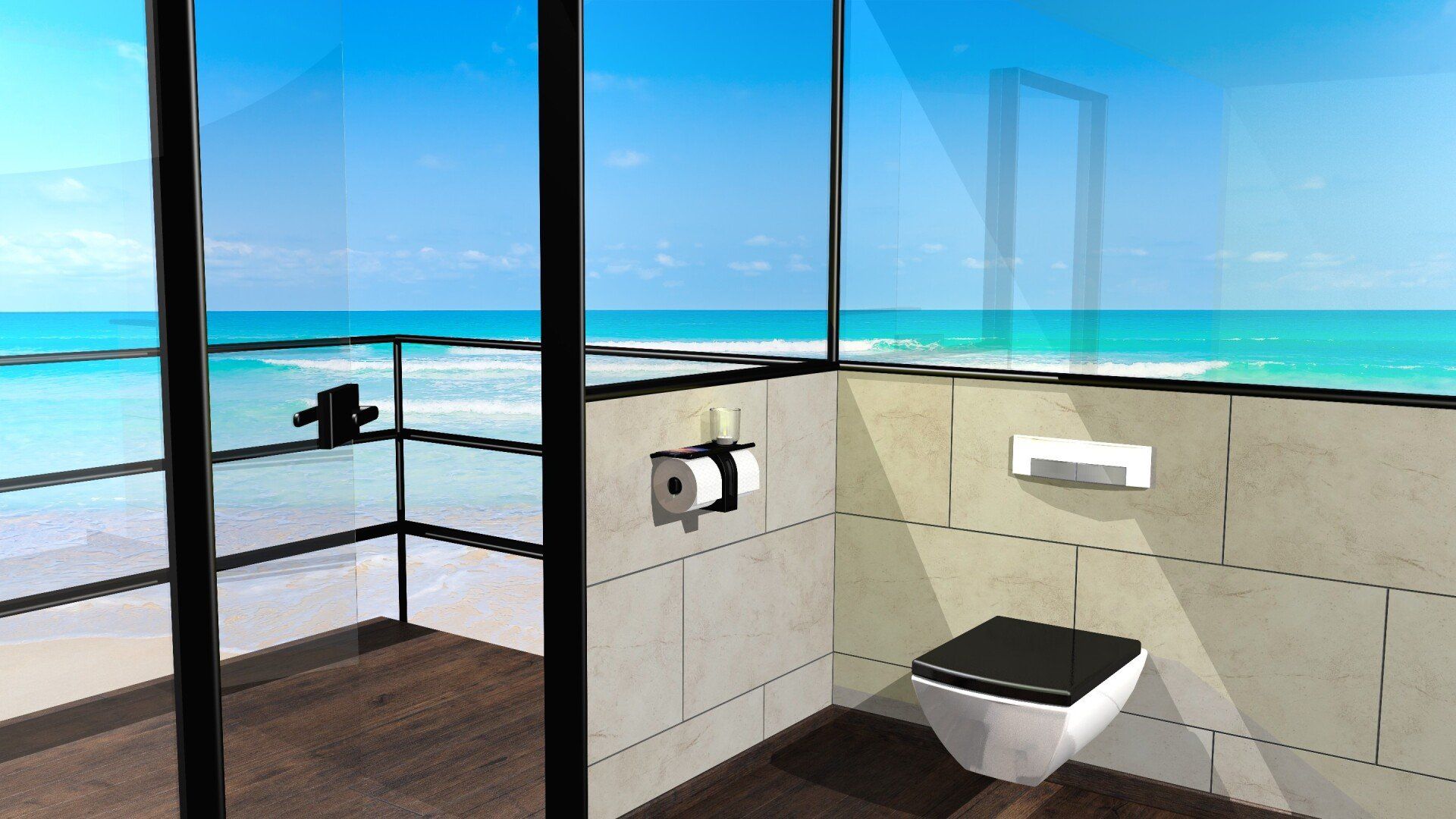 Modern bathroom with ocean view through floor-to-ceiling windows and a wall-mounted toilet