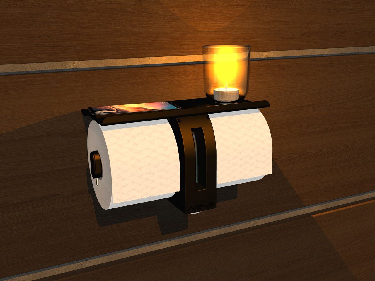 Rolled paper candle holder with a lit flame on a wooden surface