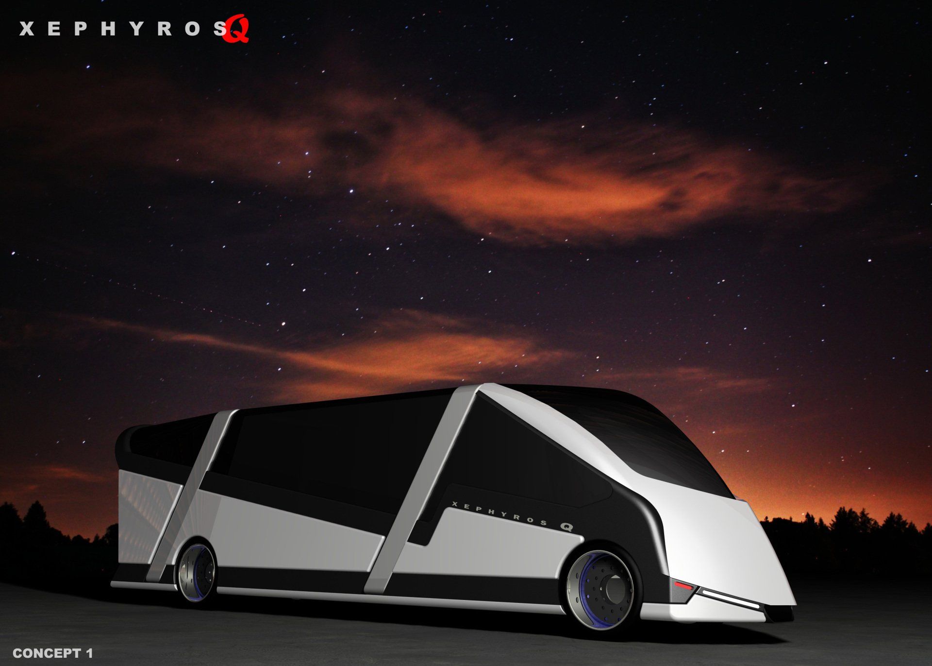 Futuristic silver concept bus under a twilight sky with stars and orange clouds
