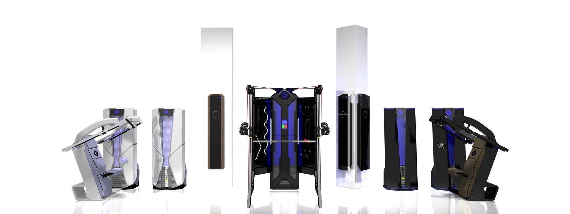 Futuristic black and silver chair designs arranged in a row on a white background