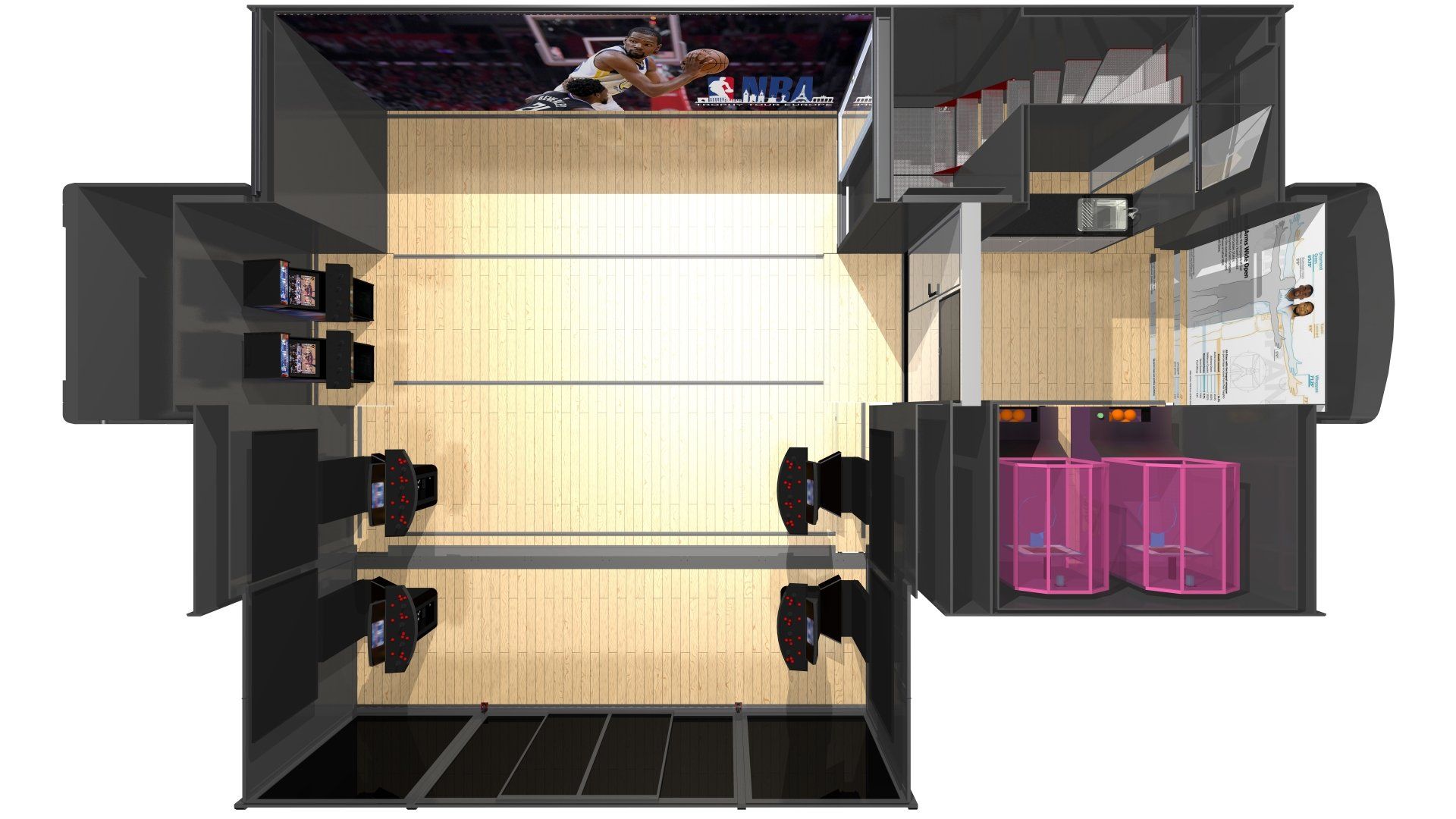Top-down view of a modern garage with a car centered, shelves, tools, and pink storage bins.