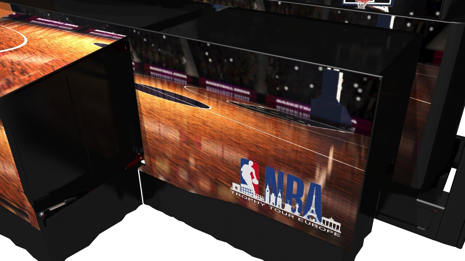 NBA-branded black display cubes with orange basketball court graphics in a dark exhibition space