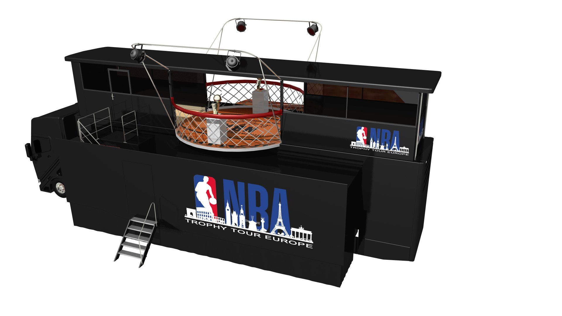 Black NBA-branded mobile basketball court with hoop, ladder, and raised platform and railings