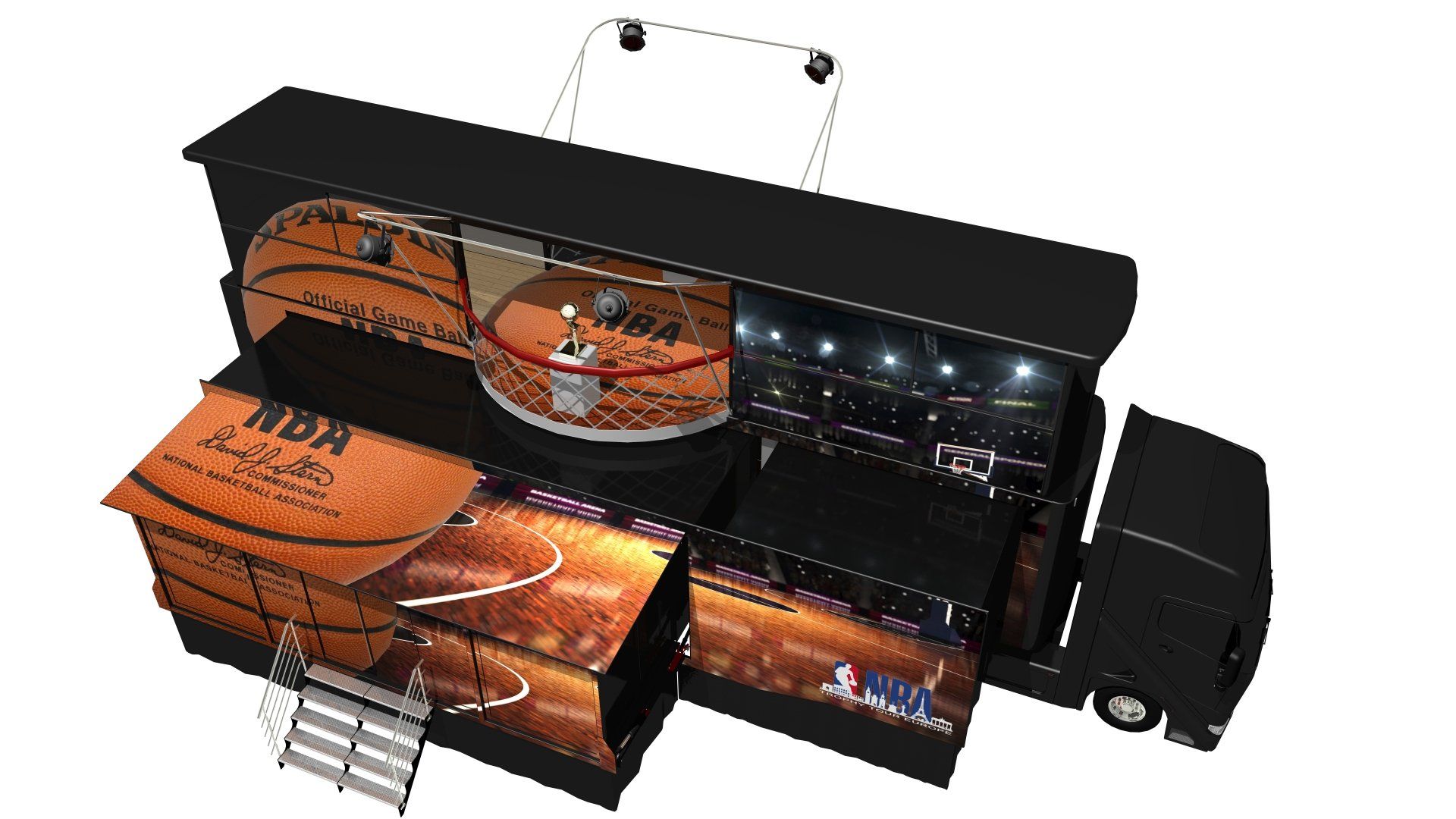 Large black portable stage with orange basketball graphics and LED lights on a white background