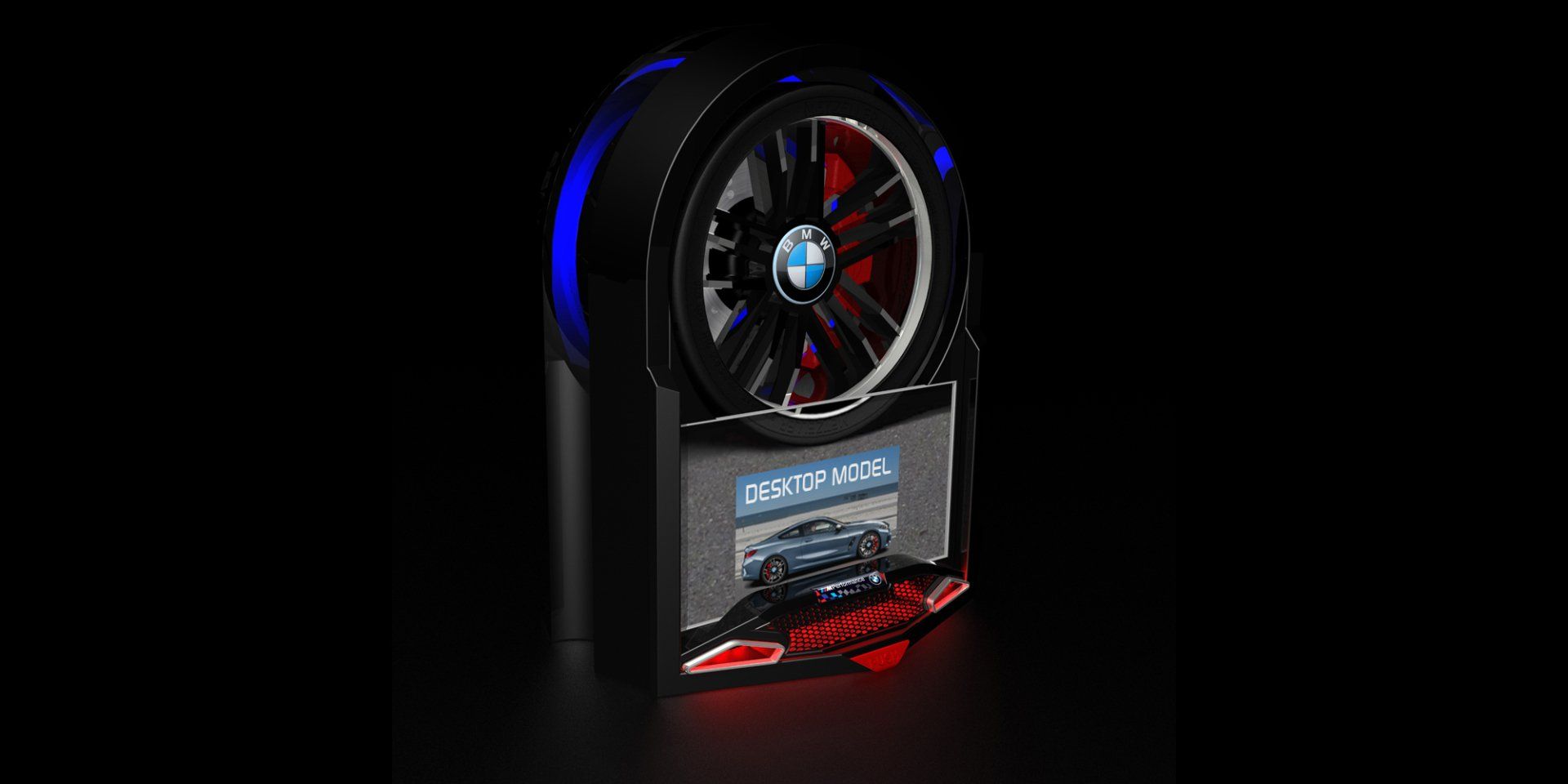 Red and blue computer cooling fan with an RGB-lit base on a dark background