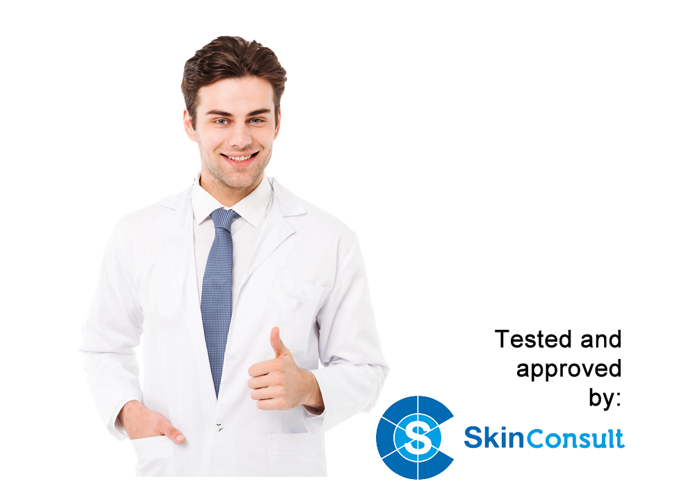 Smiling doctor in white coat giving thumbs up beside SkinConsult approval badge