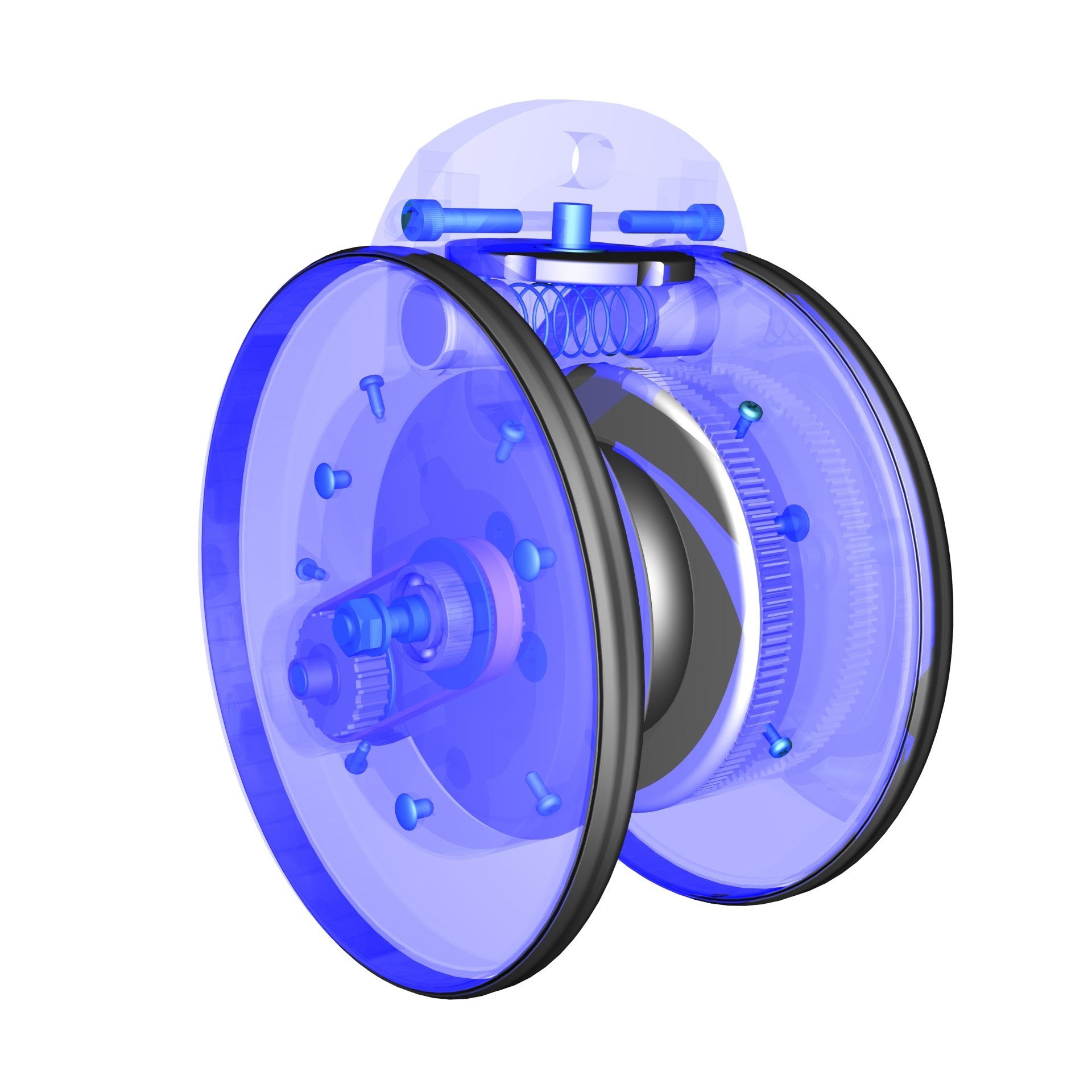 Blue transparent 3D mechanical wheel or turbine component with black rim and central hub