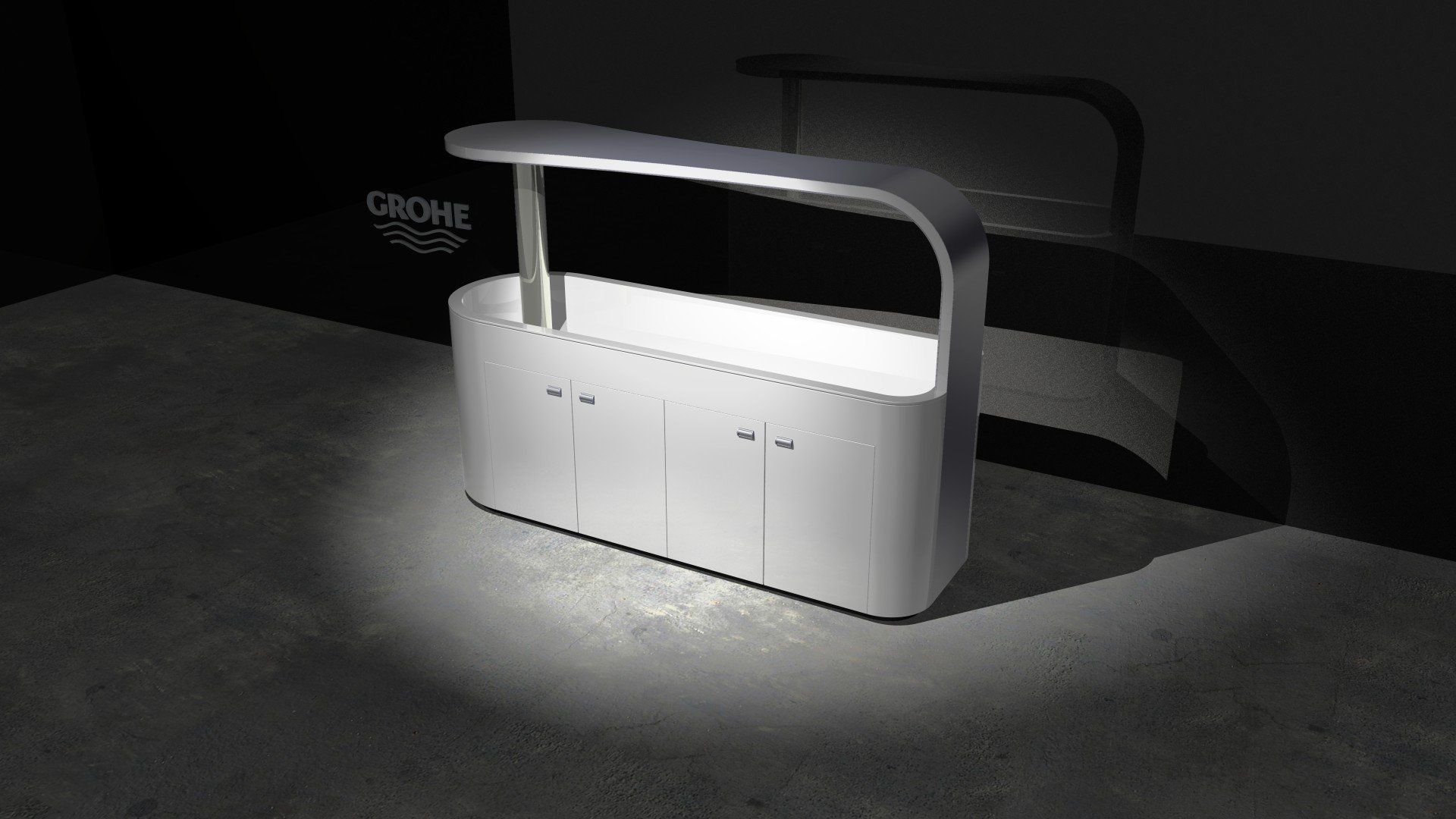White rectangular appliance with a curved handle on a dark surface under spotlight, in a dim room