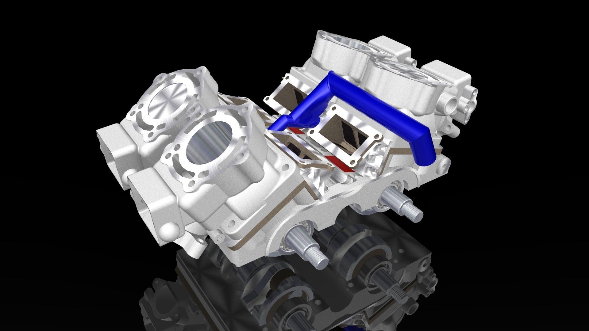 3D-rendered mechanical engine part in silver and blue on a black background