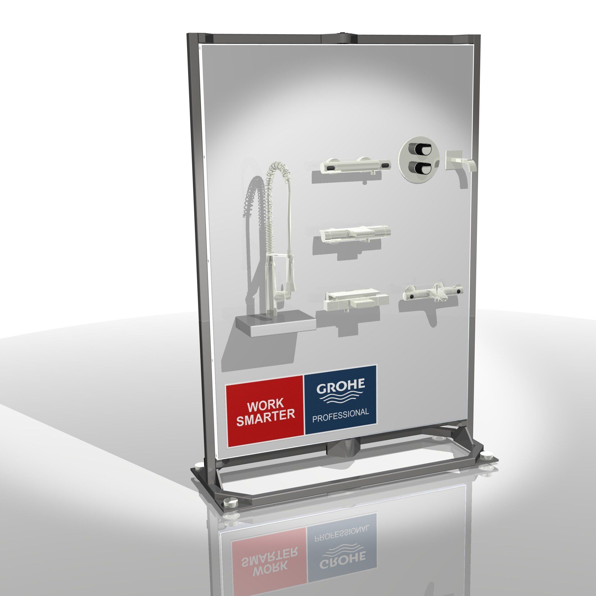 Retail display stand with gray tools and accessories, featuring red and blue brand logos at the bottom