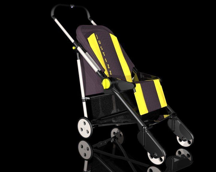 Black and yellow folded stroller with white wheels on a black background