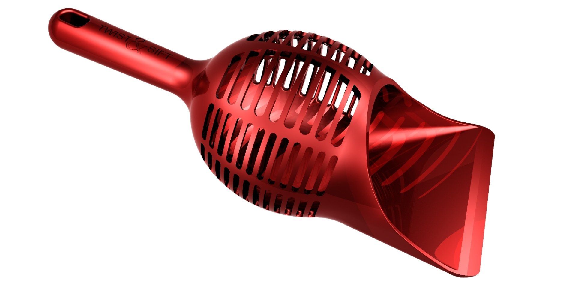 Red handheld snow scoop with slotted basket and wide scoop blade