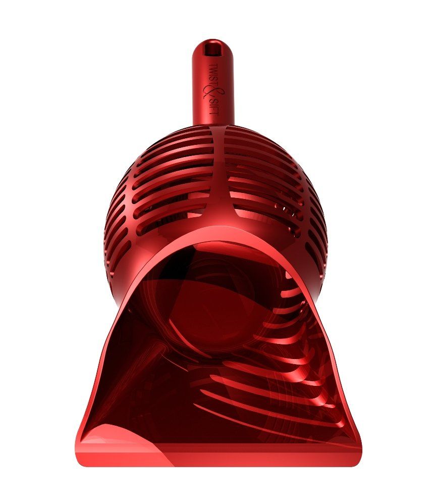 Red transparent vented plastic object with a rounded top and wide base on a white background